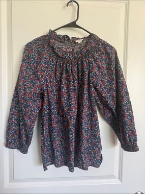 J. Crew Size XS Women's Floral Ruffle Neck Long-Sleeve Top - Navy/Red